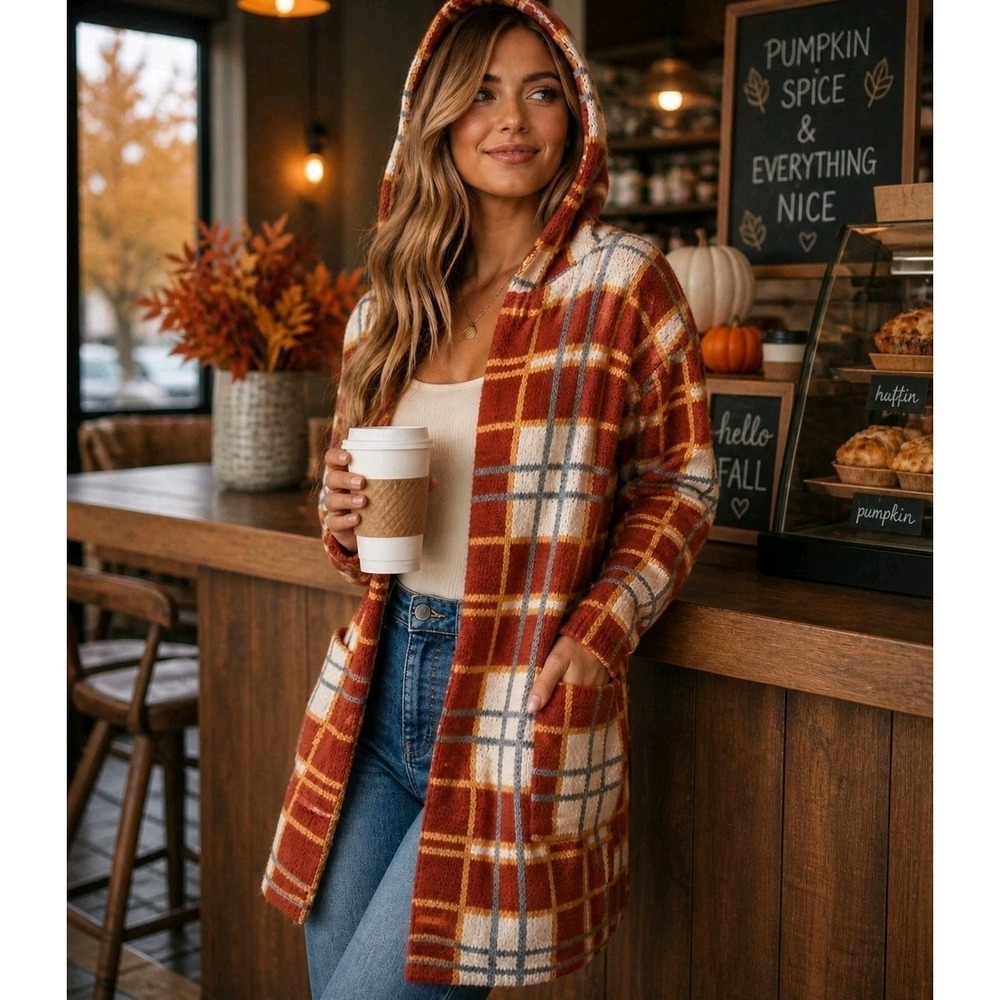 Entro Plaid Hooded Cardigan M Open Front Knit Boho Fall Cozy Sweater